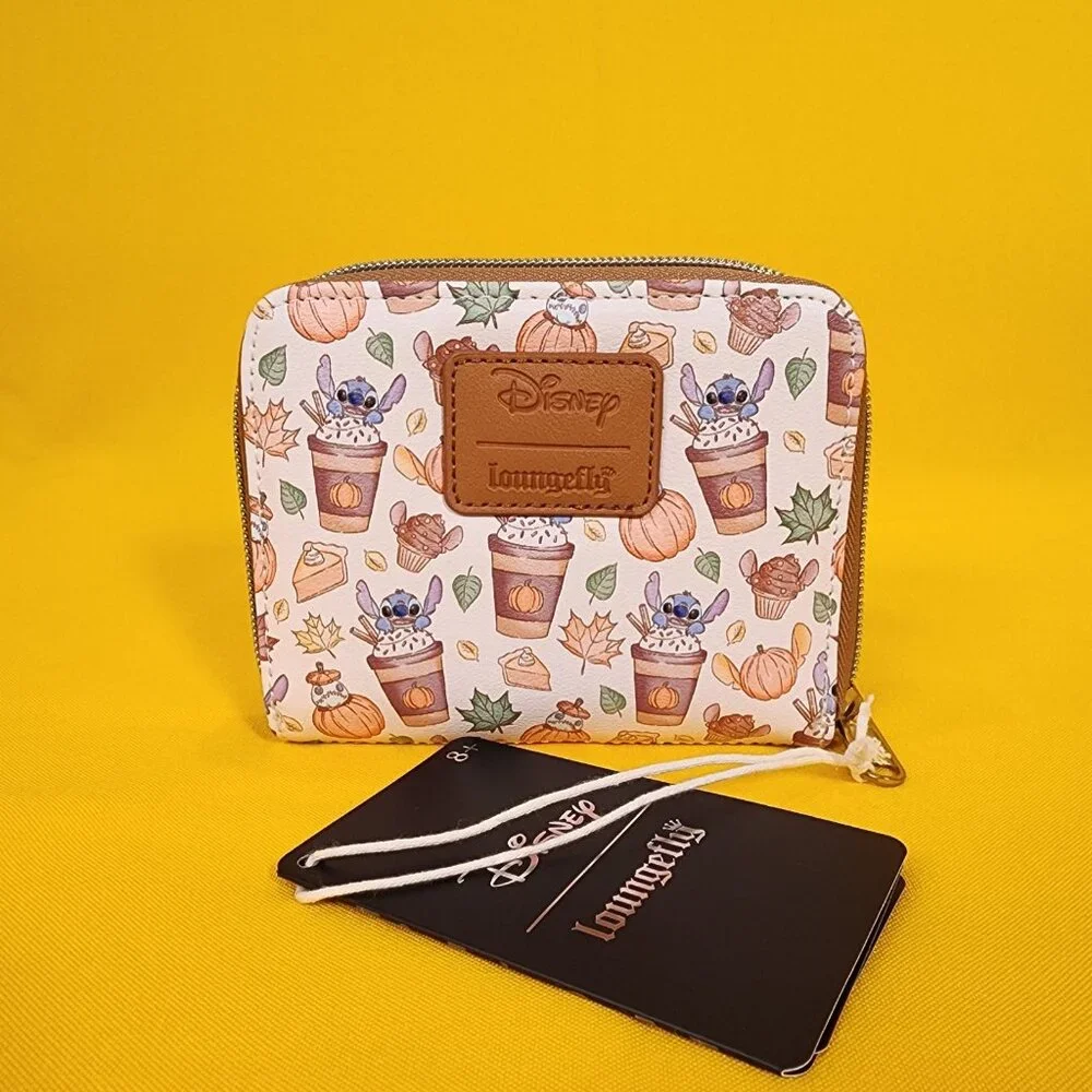 Loungefly Disney Lilo & Stitch Pumpkin Spice Latte Fall Leaf Zip Wallet NEW